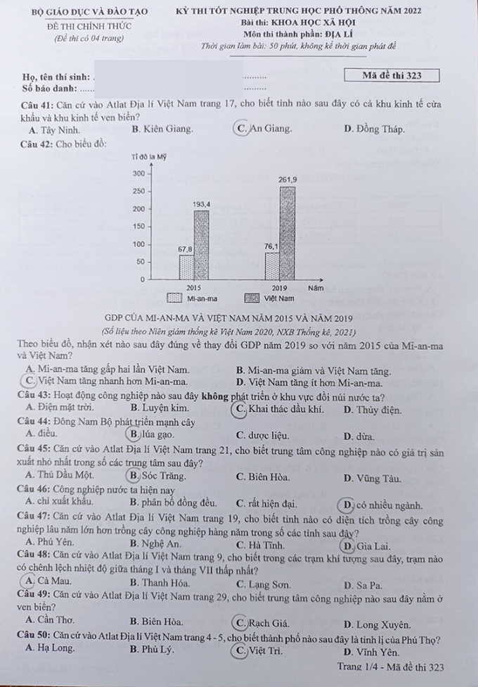 Đề thi Địa lý tốt nghiệp THPT 2022