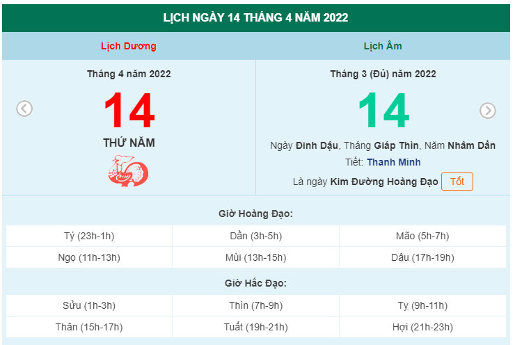 Xem lịch ngày 14/4/2022.