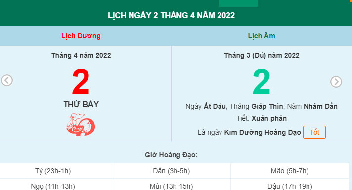 Xem lịch ngày 2/4/2022.