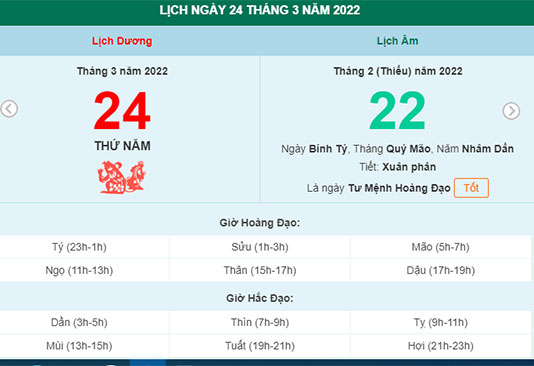 Lịch ngày 24/3/2022