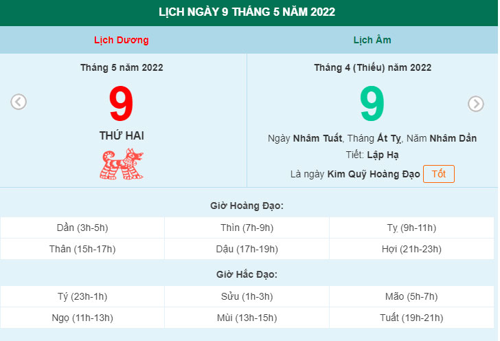 Xem lịch ngày 9/5/2022.