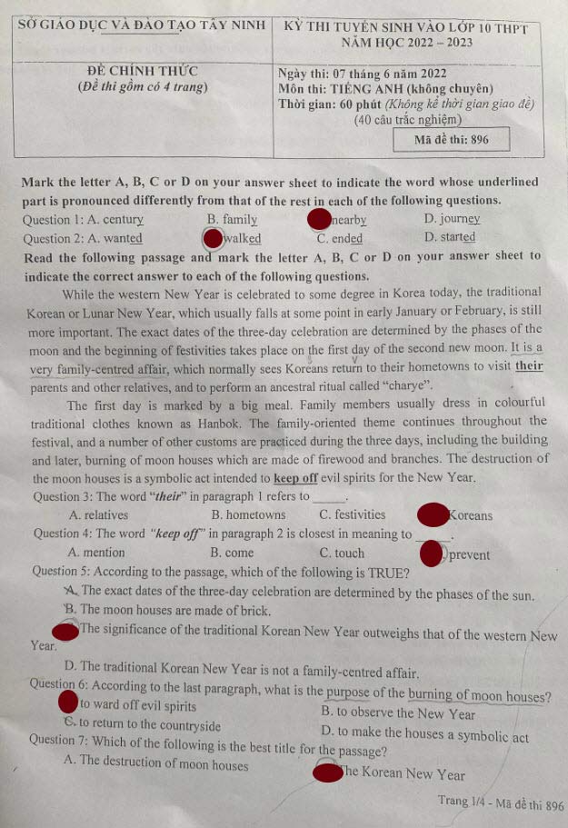 Đề thi vào lớp 10 môn Anh Tây Ninh 2022 mã 896