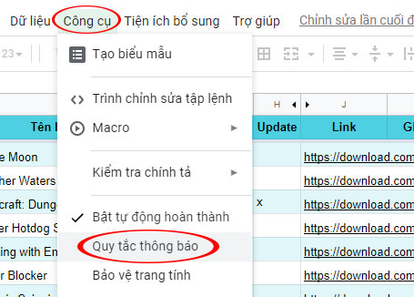 Quy tắc thông báo trên Google Sheet