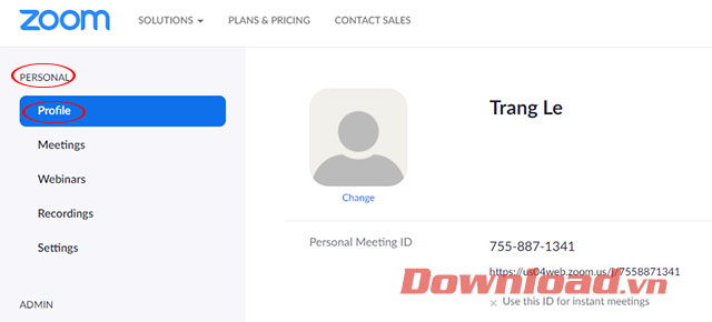 Giao diện tài khoản cá nhân trên Zoom