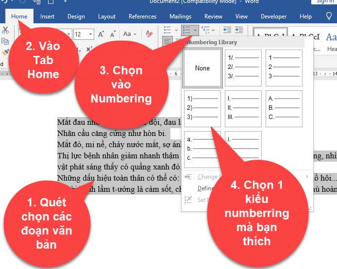 Cách đánh số thứ tự trong word