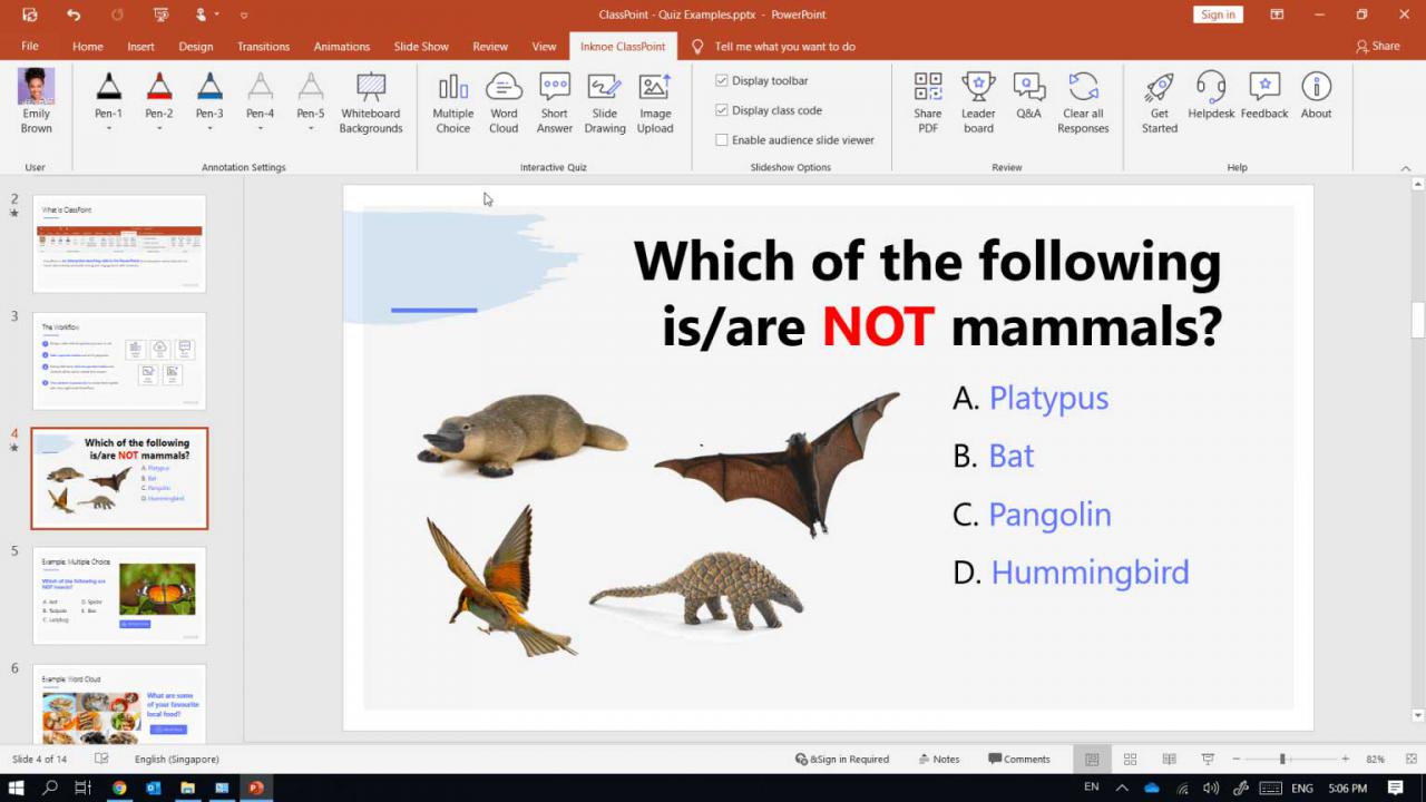 Một ví dụ về câu hỏi tương tác trên PowerPoint