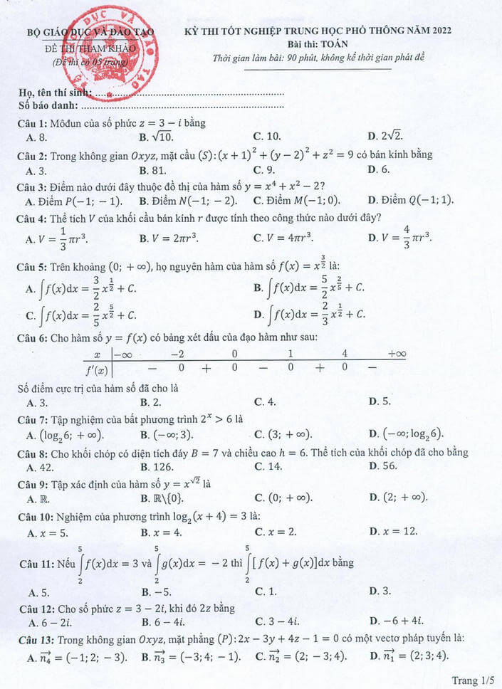 Đề tham khảo 2022 môn Toán