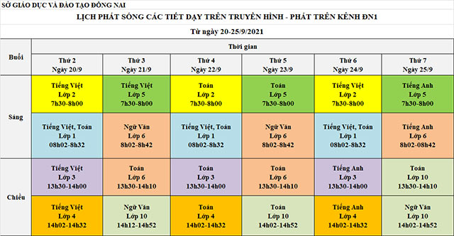 Lịch dạy học lớp 1 trên truyền hình Đồng Nai