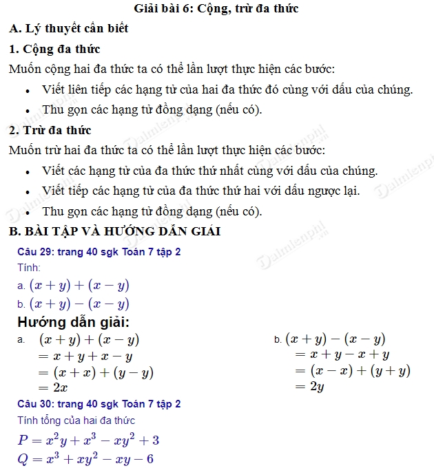 giai toan 7 trang 40 sgk tap 2 cong tru da thuc