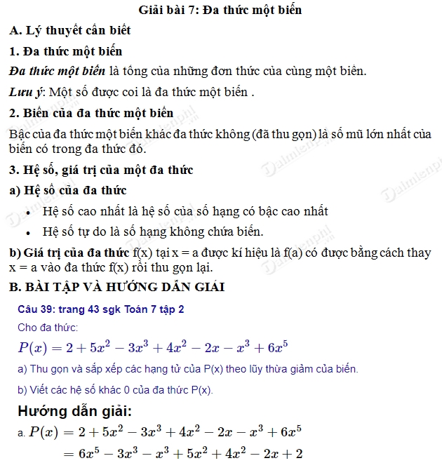 giai toan 7 trang 43 sgk tap 2 da thuc mot bien