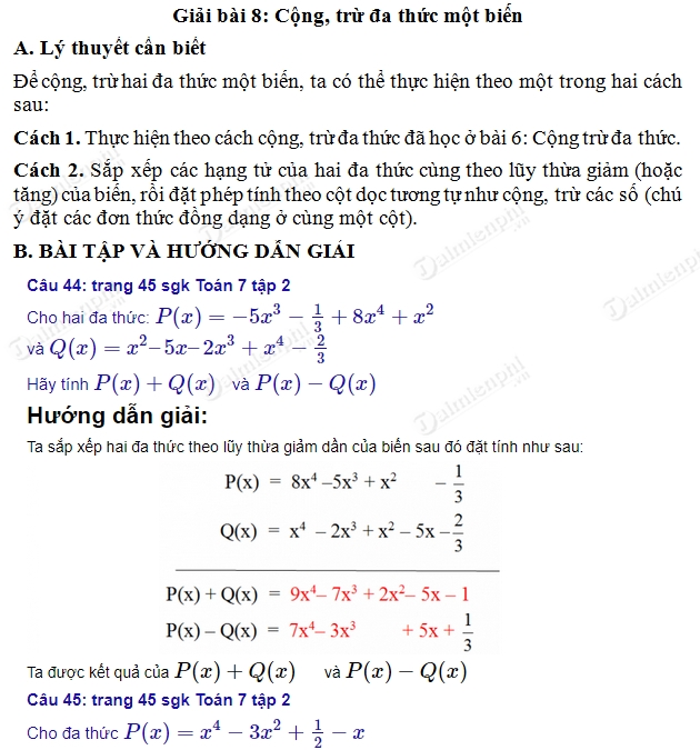 giai toan 7 trang 45 46 sgk tap 2 cong tru da thuc mot bien