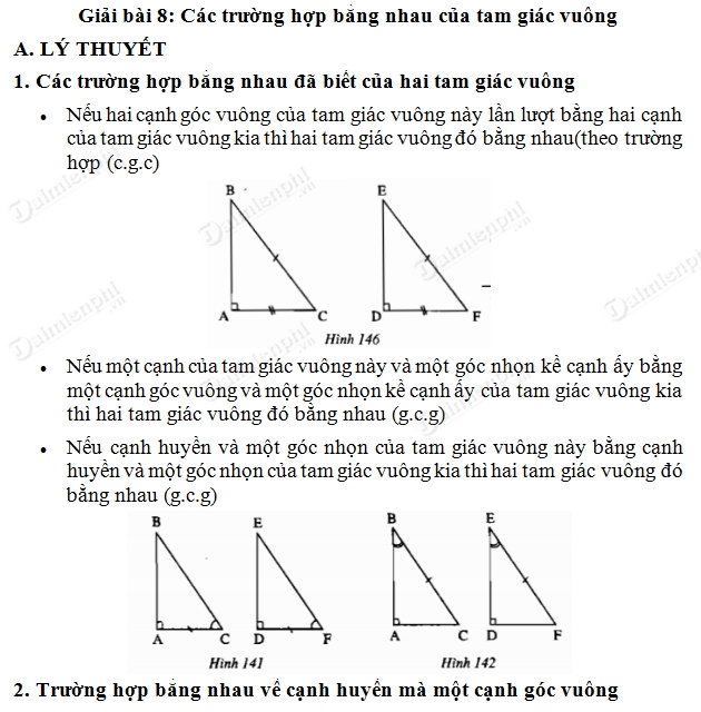 giai toan lop 7 cac truong hop bang nhau cua tam giac vuong