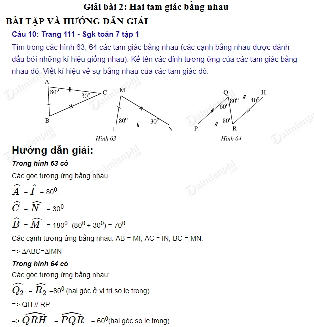 giai toan lop 7 hai tam giac bang nhau