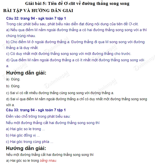 giai toan lop 7 tien de o clit ve duong thang song song