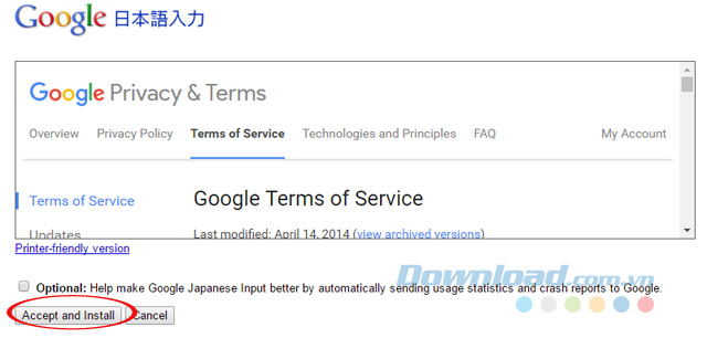 Đồng ý cài đặt Google Japanese Input