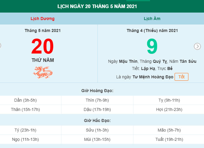 Xem lịch ngày 20/5/2021.