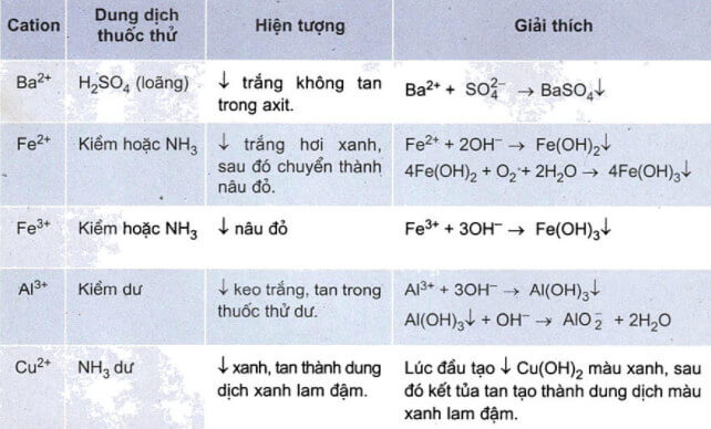 Phản ứng nhận biết cation