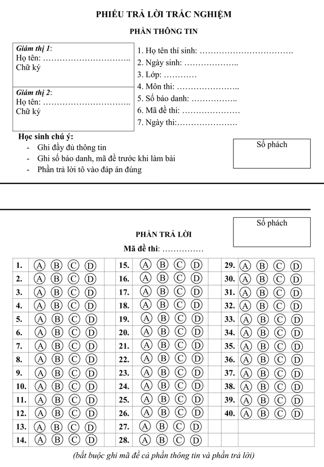 Phiếu làm bài thi trắc nghiệm 40 câu