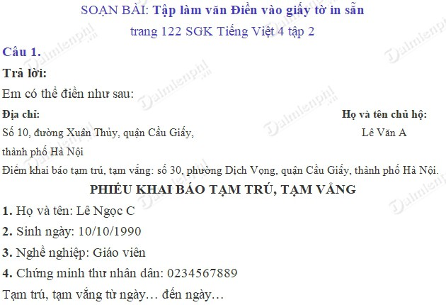 soan bai tap lam van dien vao giay to in san trang 122 sgk tieng viet 4 tap 2 soan tieng viet lop 4