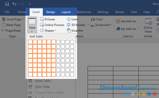 Chèn bảng trong Microsoft Word