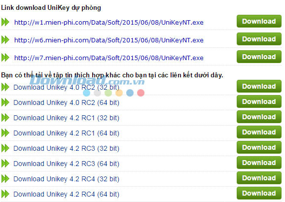 Các phiên bản Unikey khác nhau