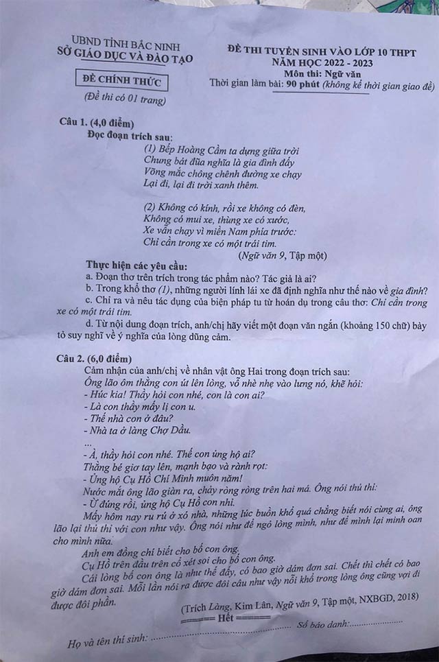 van-bac-ninh Đề thi tuyển sinh vào lớp 10 môn Văn Bắc Ninh năm 2022