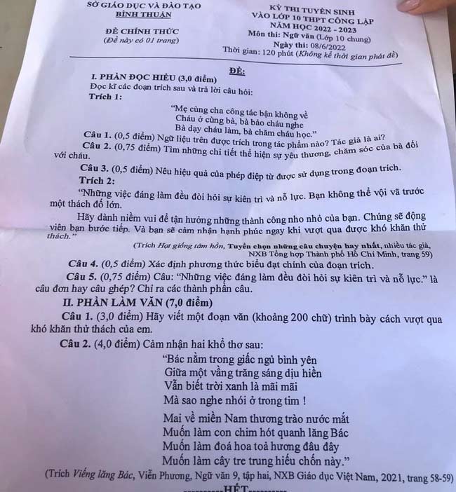 Đề thi vào lớp 10 môn Văn Bình Thuận 2022
