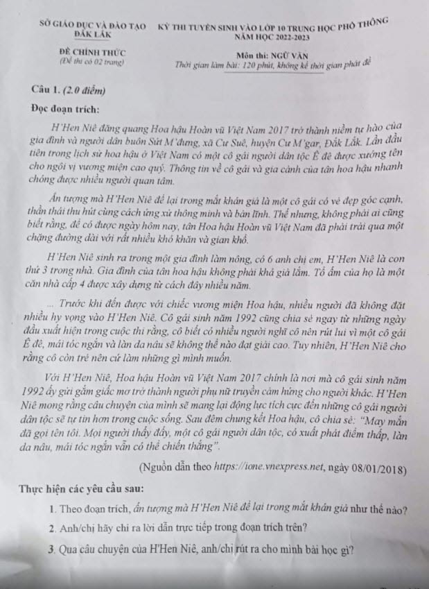 Đề thi vào lớp 10 môn Văn Đăk Lăk năm 2022