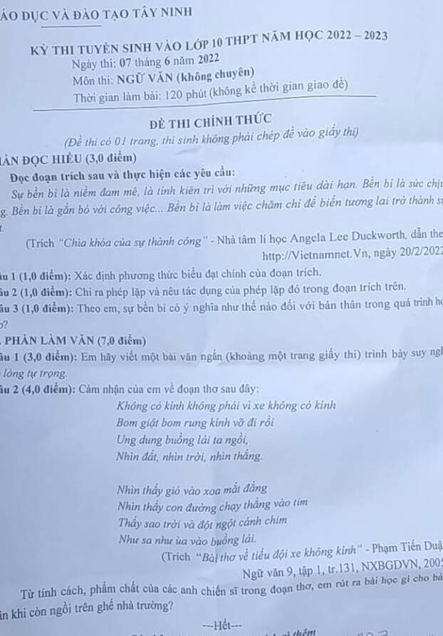 Đề thi vào lớp 10 môn Văn Tây Ninh năm 2022
