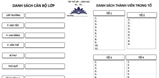 Mẫu danh sách cán bộ lớp và các tổ